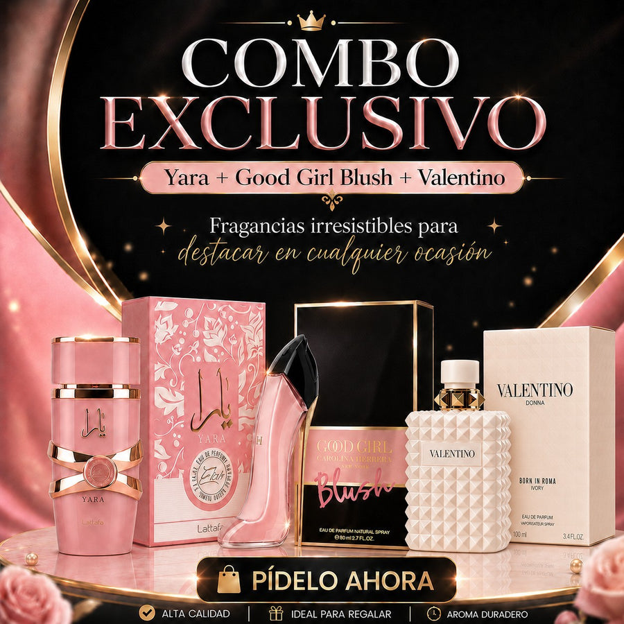 COMBO MUJER: LATTAFA YARA ELIXIR + GOOD GIRL BLUSH + VALENTINO DONNA IVORY
